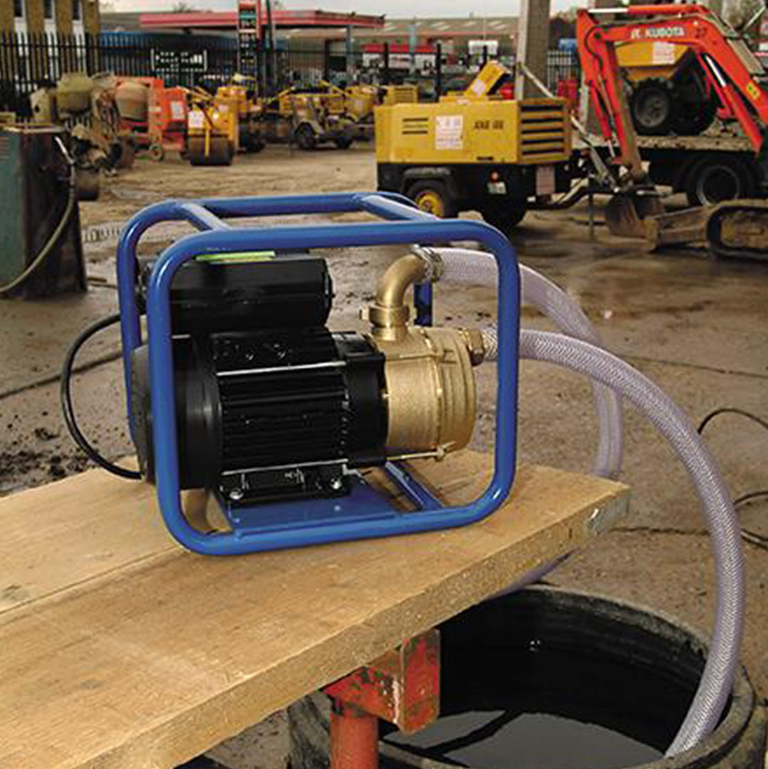 ENM Speroni Industrial Surface Pump in blue frame- location shot extracting water on work site