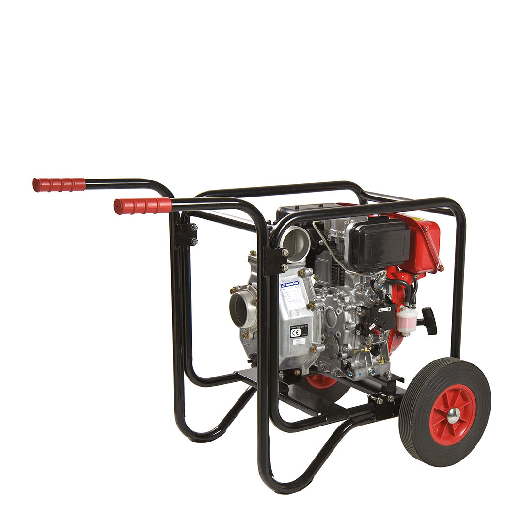 TE Tsurumi Compact Petrol Engine Water Pump- pump housed within protective tubular steel frame, with site trolley extra 